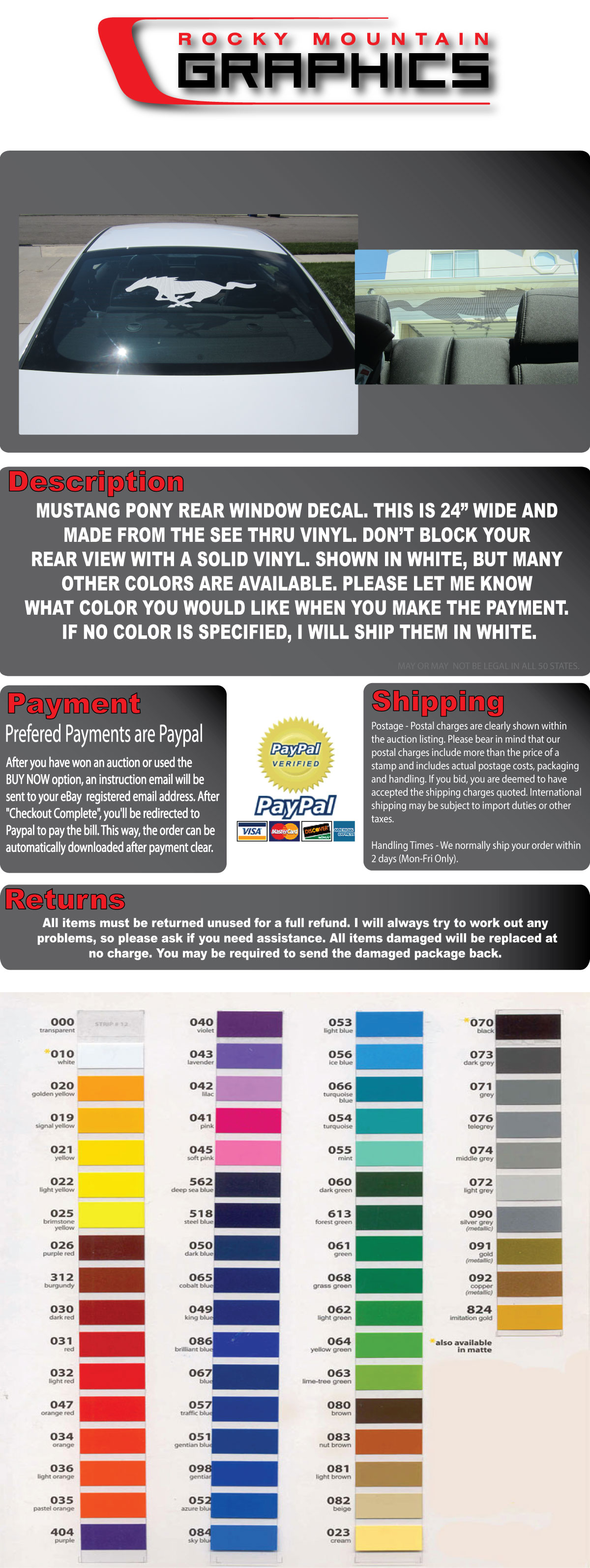 Ford Mustang Rear Window Pony Decal – See-Through Vinyl For 1994-2014 Mustang Models